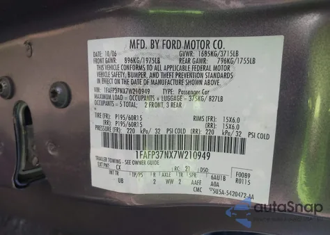 2007 Ford Focus S/Se/Ses из США, поврежденный, VIN 1FAFP37NX7W210949